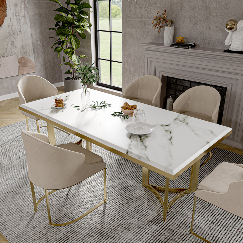 Everly Quinn Markhi Marble Dining Table with White Rectangular Tabletop
